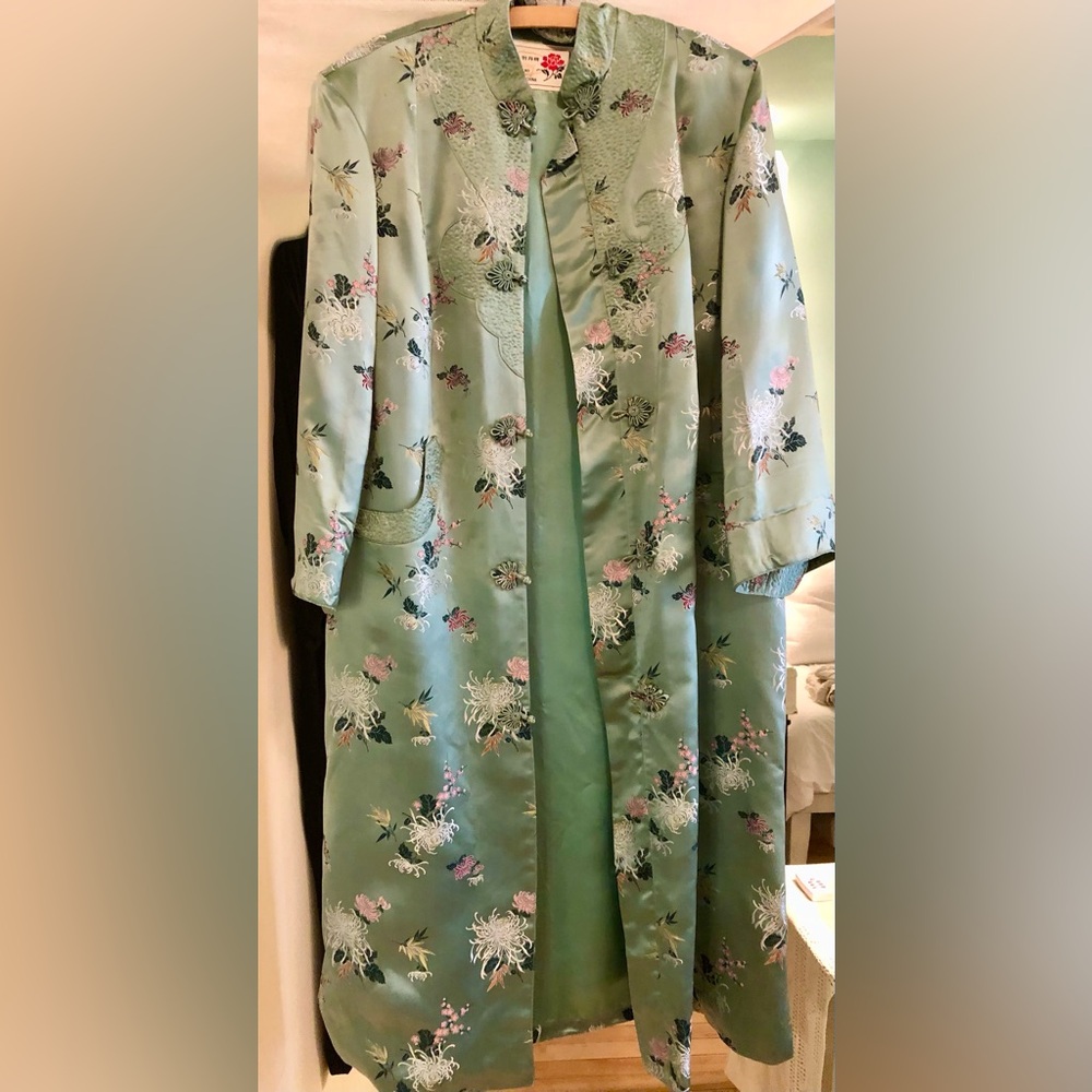 Vintage Floral mint green with pink accents by Peony, Embroidered Robe sz L